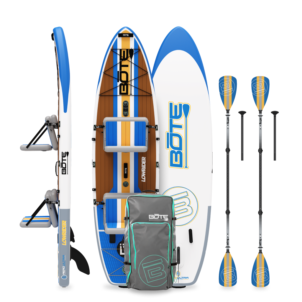Side, top, and bottom view of LowRider Aero Tandem package in Full Trax with two seats, paddles, and bag.
