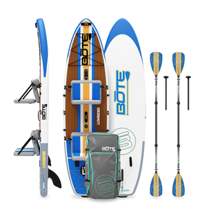 Side, top, and bottom view of LowRider Aero Tandem package in Full Trax with two seats, paddles, and bag.