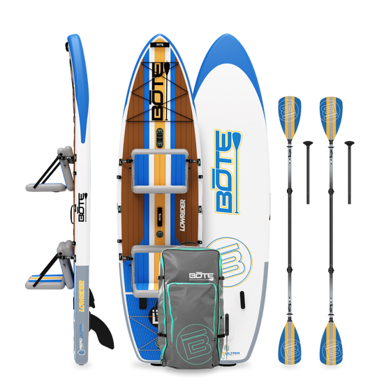 Side, top, and bottom view of LowRider Aero Tandem package in Full Trax with two seats, paddles, and bag.
