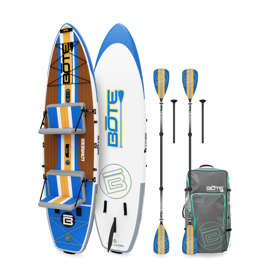 Top and bottom view of LowRider Aero Tandem package in Full Trax with two kayak seats, paddles, and bag.