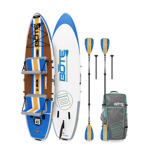 Top and bottom view of LowRider Aero Tandem package in Full Trax with two kayak seats, paddles, and bag.