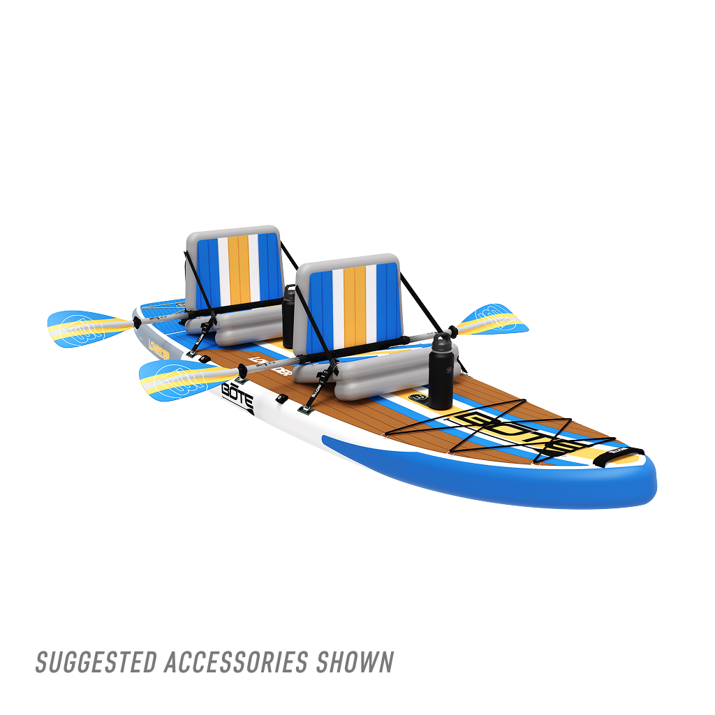Angled view of LowRider Aero Tandem inflatable SUP in Full Trax with two kayak seats and paddles shown.