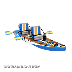 Angled view of LowRider Aero Tandem inflatable SUP in Full Trax with two kayak seats and paddles shown.