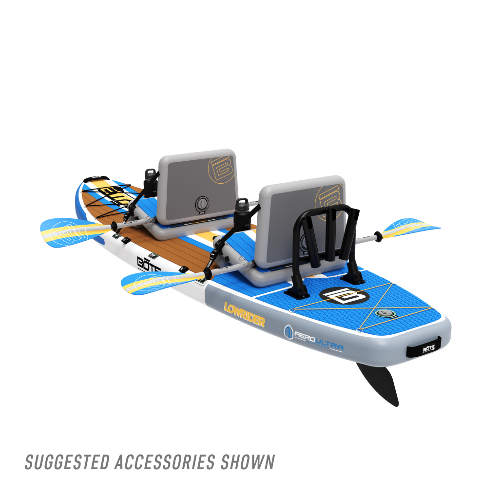 Angled rear view of LowRider Aero Tandem in Full Trax with two seats and paddles shown.