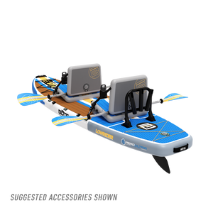 Angled rear view of LowRider Aero Tandem in Full Trax with two seats and paddles shown.