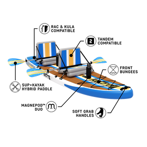 Angled front view of LowRider Aero Tandem in Full Trax with two kayak seats and paddles shown.