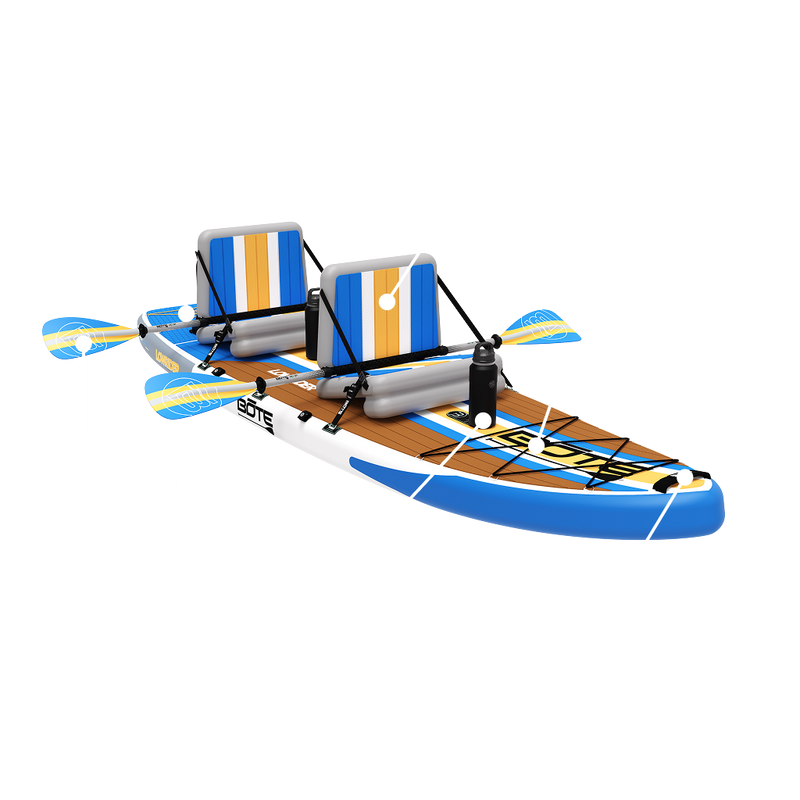 Angled front view of LowRider Aero Tandem in Full Trax with two kayak seats and paddles shown.