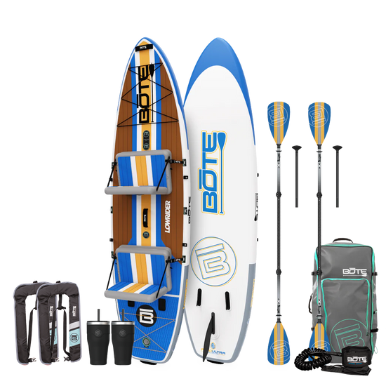 Top and base view of the LowRider Aero Tandem Package with two seats, paddles, PFDs, tumblers, and a bag.