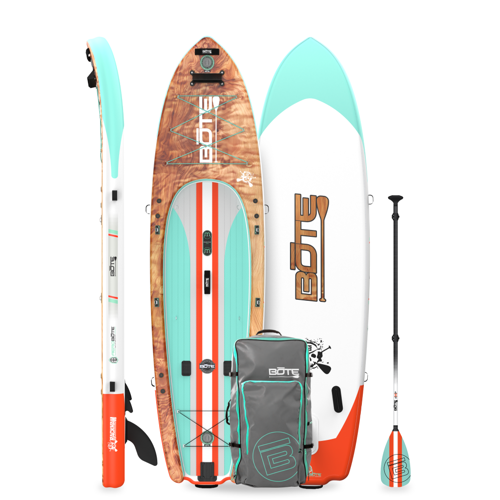 Top, base, and side views of Rackham Aero paddle board with carry bag and paddle.