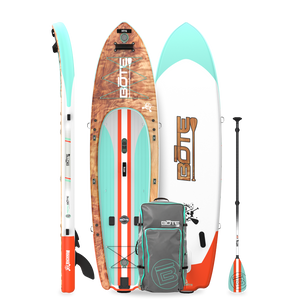 Top, base, and side views of Rackham Aero paddle board with carry bag and paddle.