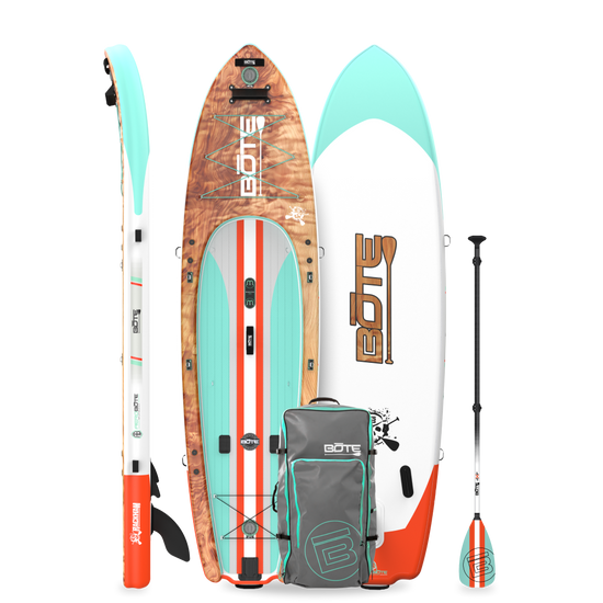 Top, base, and side views of Rackham Aero paddle board with carry bag and paddle.