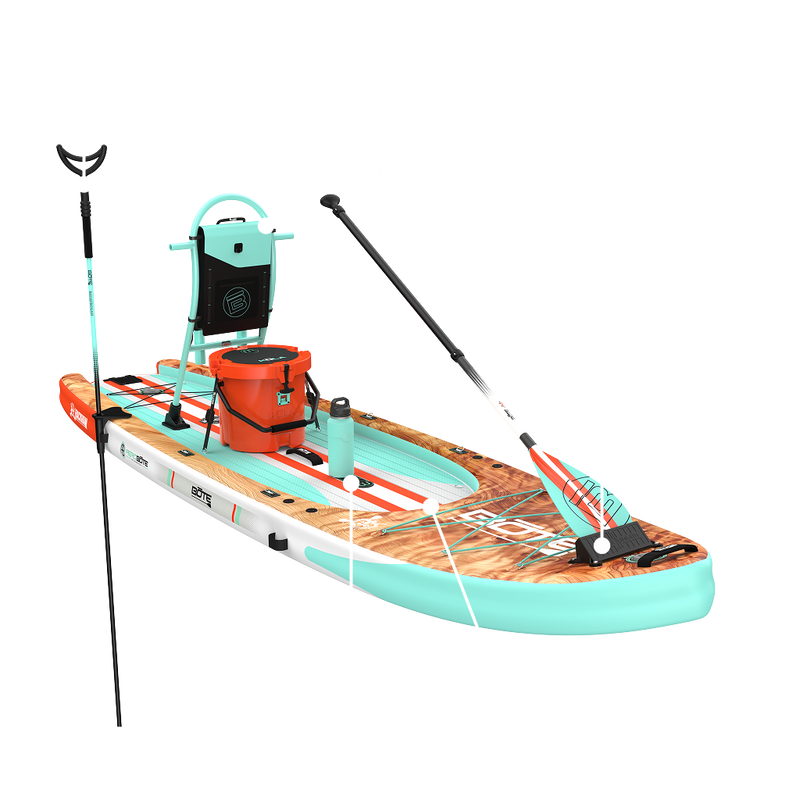 Angled view of Rackham Aero paddle board with feature callouts and accessories.