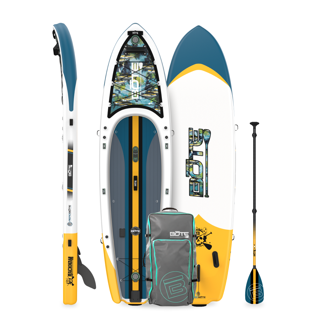 Top, base, and side views of Rackham Aero paddle board with carry bag and paddle.