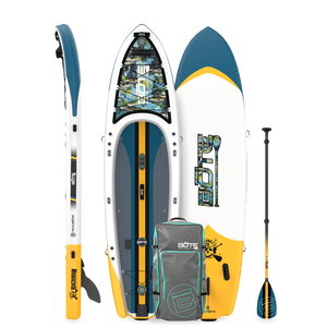 Top, base, and side views of Rackham Aero paddle board with carry bag and paddle.