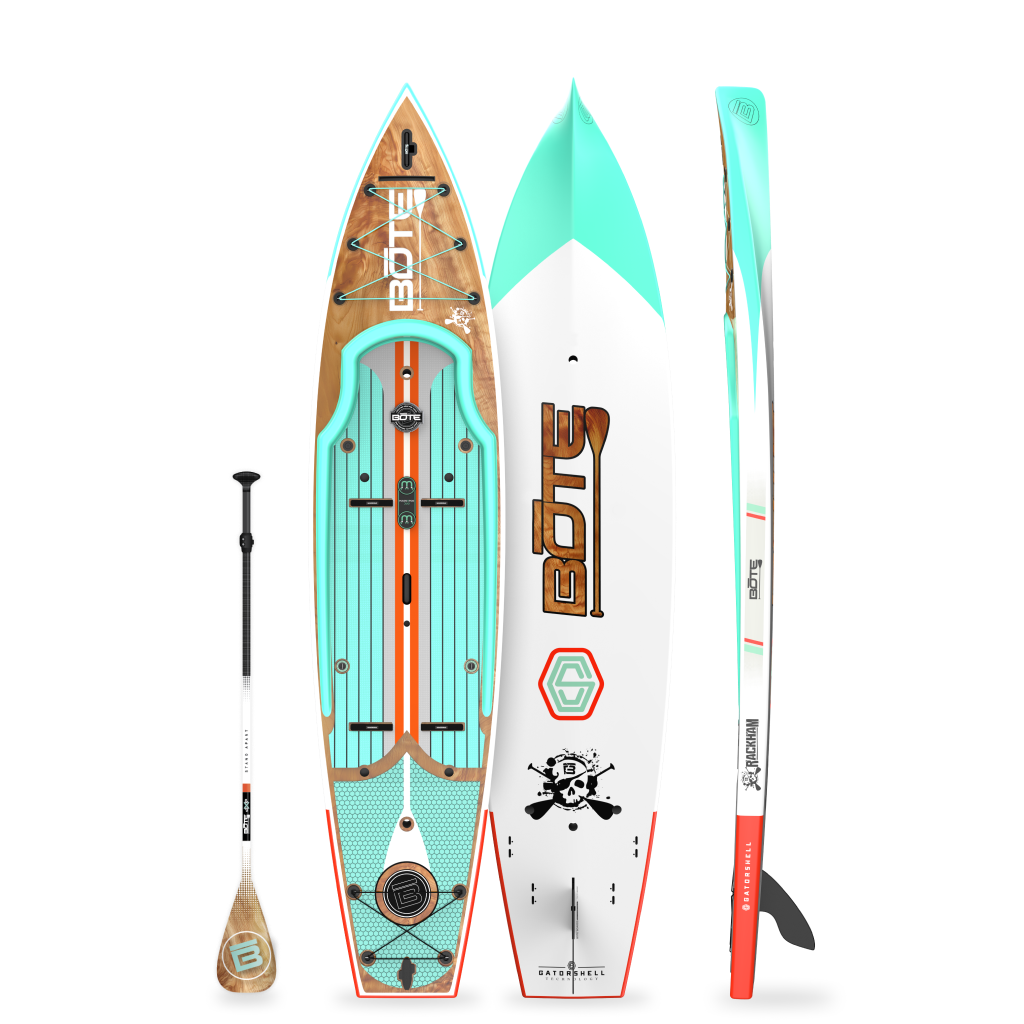 Top, base, and side views of Rackham Gatorshell paddle board with paddle.