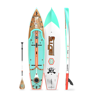 Top, base, and side views of Rackham Gatorshell paddle board with paddle.