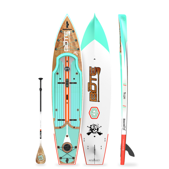 Top, base, and side views of Rackham Gatorshell paddle board with paddle.