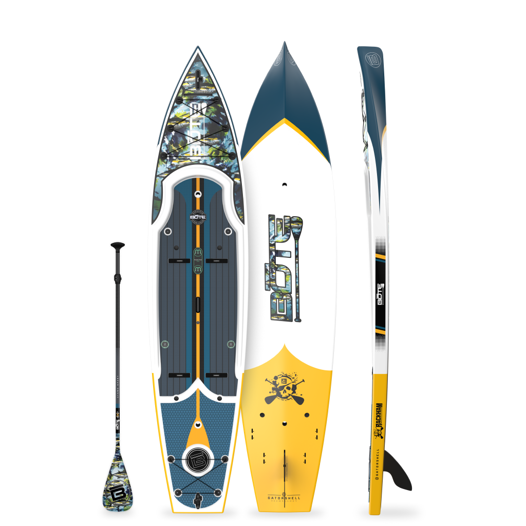 Top, base, and side views of Rackham Gatorshell paddle board with matching paddle.