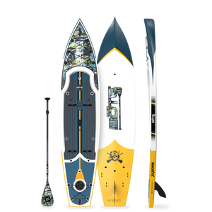 Top, base, and side views of Rackham Gatorshell paddle board with matching paddle.