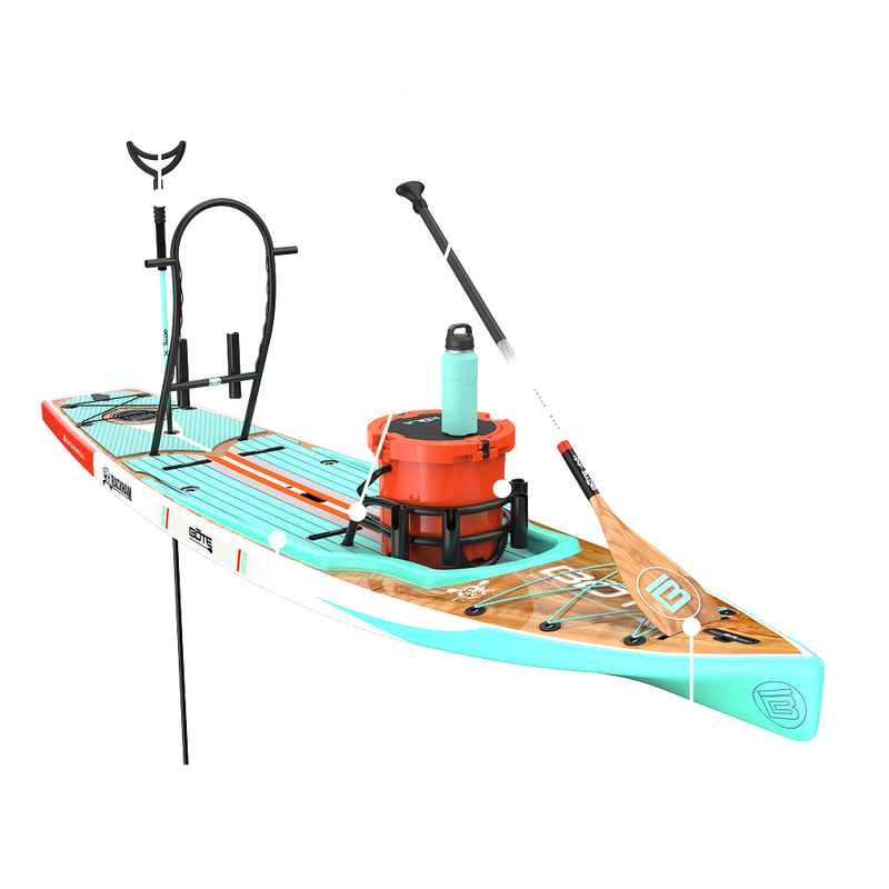 Angled view of Rackham Gatorshell paddle board with feature callouts and accessories.