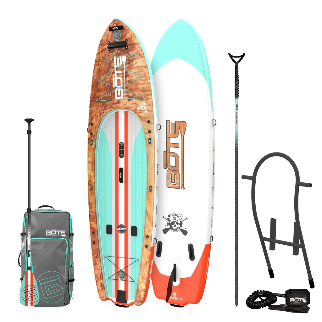 Top, base, and side views of Rackham Aero Classic paddle board with carry bag, paddle, sandspear, tackle rac and leash