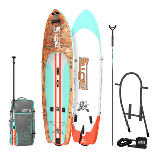 Top, base, and side views of Rackham Aero Classic paddle board with carry bag, paddle, sandspear, tackle rac and leash