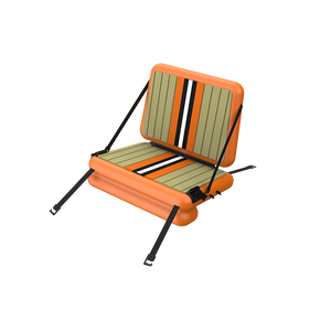 Front view of Rackham Aero Verge Camo seat replacement with black straps, bright blue sides and a brown padded top on the seat.