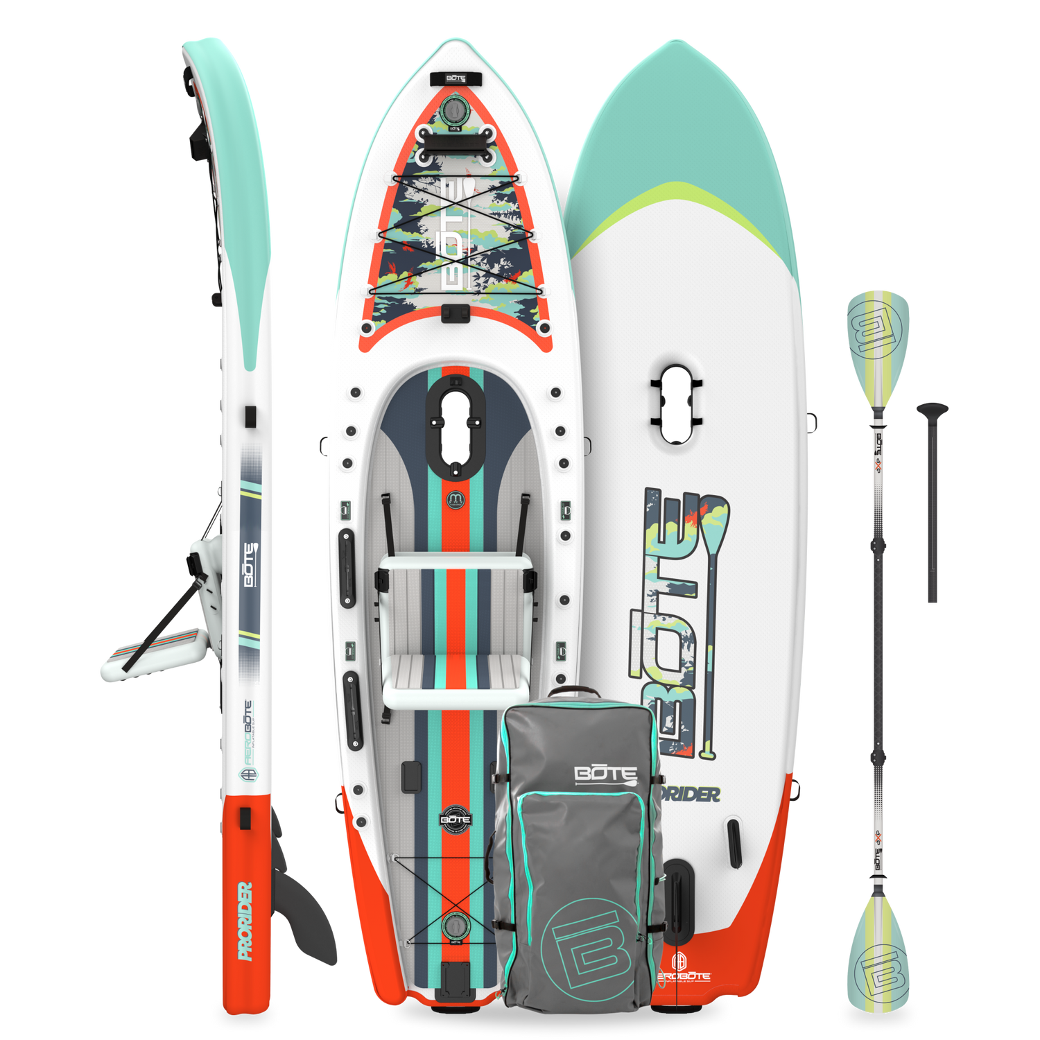 Front, side, and base views of ProRider Aero paddle board with paddle, seat, and travel bag.