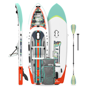 Front, side, and base views of ProRider Aero paddle board with paddle, seat, and travel bag.