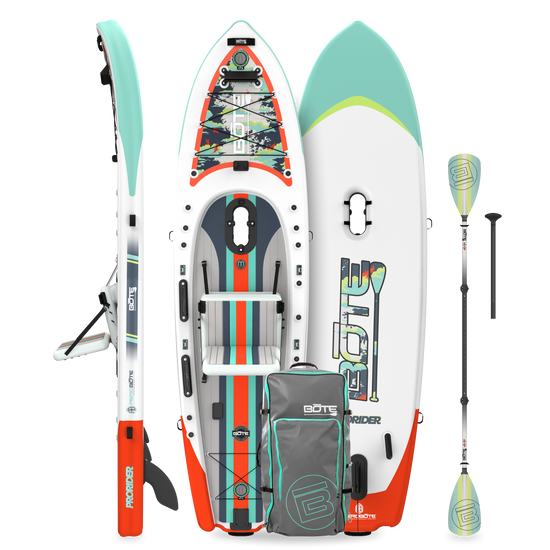 Front, side, and base views of ProRider Aero paddle board with paddle, seat, and travel bag.