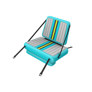 Front view of LONO Bug Slinger Seat Replacement with black straps, bright blue sides and a gray padded top on the seat.