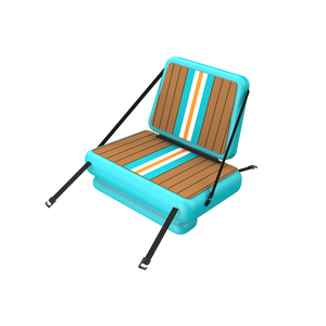 Front view of LONO Native Seat Replacement with black straps, bright blue sides and a brown padded top on the seat.