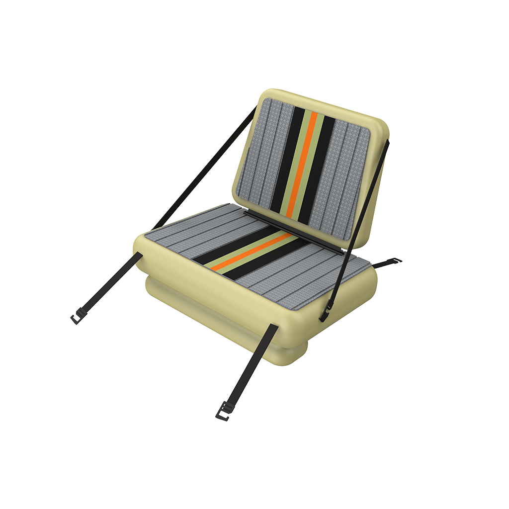 Angled view of the LONO Apex Aero 12'6" Verge Camo 22 seat replacement with backrest and straps.