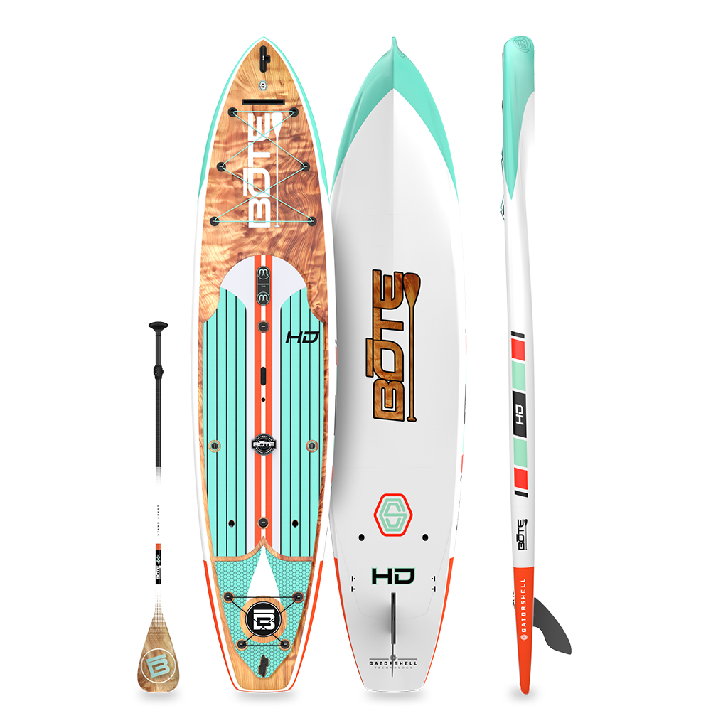 Top and bottom view of HD Gatorshell paddle board in Classic Cedar colorway with paddle.