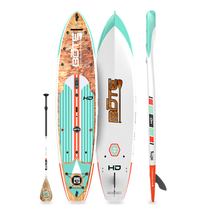 Top and bottom view of HD Gatorshell paddle board in Classic Cedar colorway with paddle.
