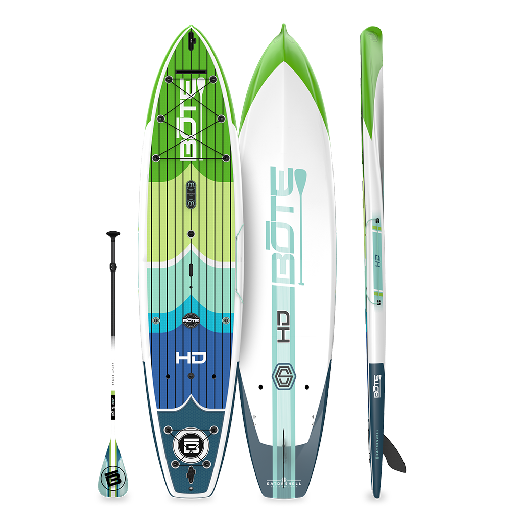 Top and bottom view of HD Gatorshell paddle board in Full Trax colorway with paddle.