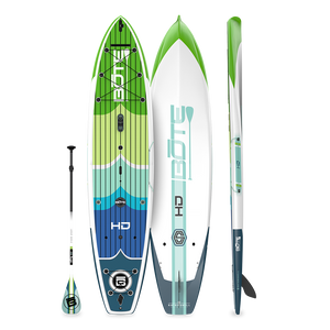 Top and bottom view of HD Gatorshell paddle board in Full Trax colorway with paddle.