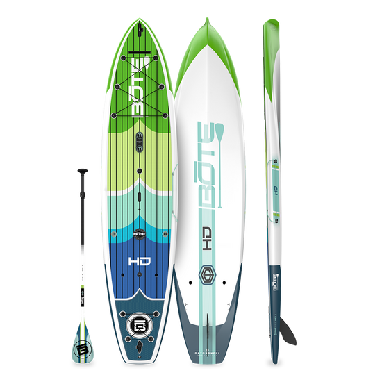 Top and bottom view of HD Gatorshell paddle board in Full Trax colorway with paddle.