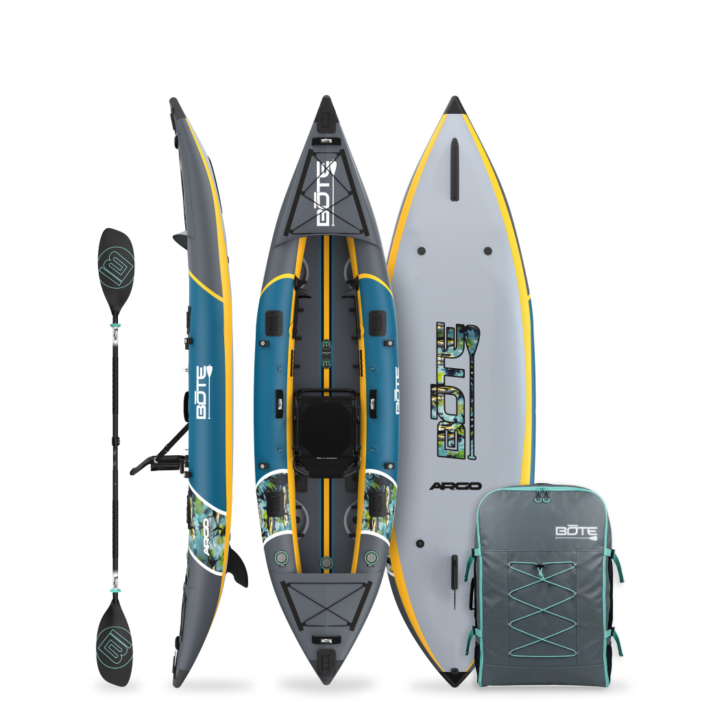 Top side and bottom view of an inflatable kayak with paddle and carrying bag on a white background