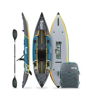 Top side and bottom view of an inflatable kayak with paddle and carrying bag on a white background