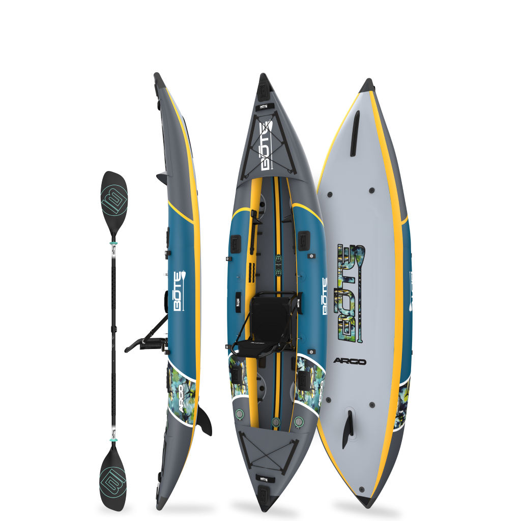 Top, angled and bottom view of an inflatable kayak with paddle on a white background