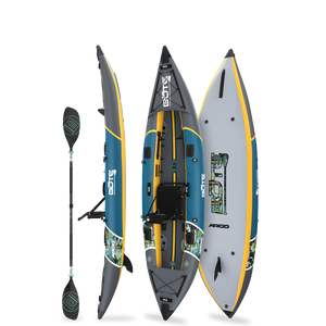 Top, angled and bottom view of an inflatable kayak with paddle on a white background