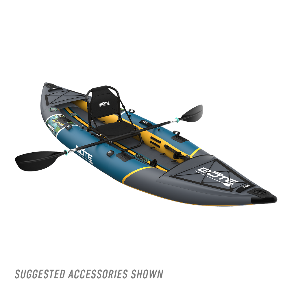 Front view of grey, blue and yellow kayak with a black seat and paddle on a white background.