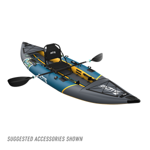 Front view of grey, blue and yellow kayak with a black seat and paddle on a white background.