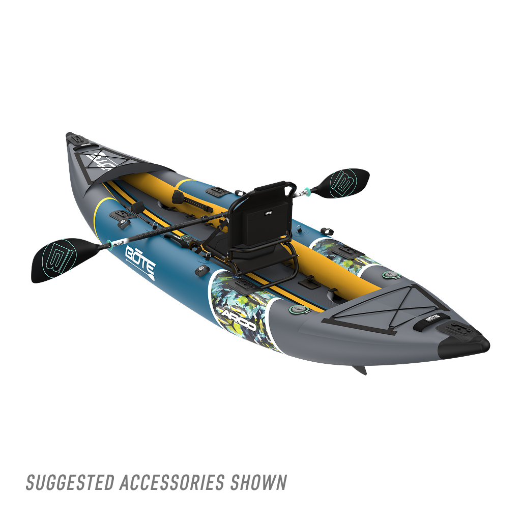 Rear view of grey, blue and yellow kayak with a black seat and paddle on a white background.