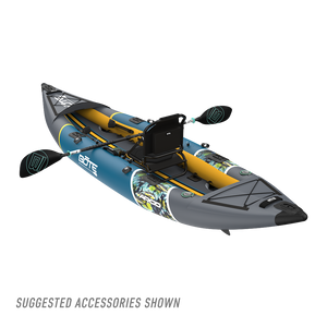 Rear view of grey, blue and yellow kayak with a black seat and paddle on a white background.