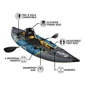 Inflatable kayak with labeled features on a white background. The labeled features list: Rac & Kula Compatible, Elevated Frame Seat, Adjustable Foot Rest, 6 Universal Mounts, MagnePod Duo, and Bungees