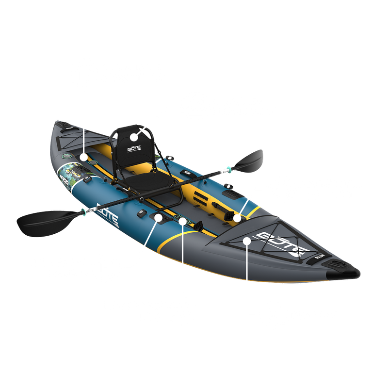 Inflatable kayak with labeled features on a white background. The labeled features list: Rac & Kula Compatible, Elevated Frame Seat, Adjustable Foot Rest, 6 Universal Mounts, MagnePod Duo, and Bungees