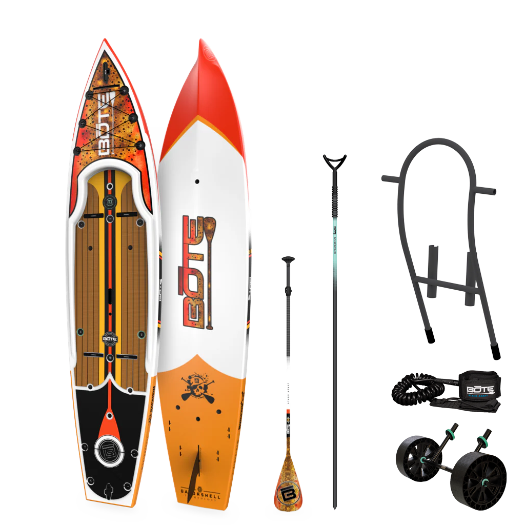 Top and base view of the Rackham Gatorshell Package with paddle, stakeout pole, rack, and wheels.
