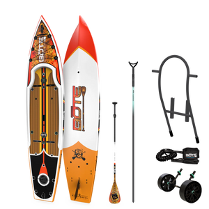 Top and base view of the Rackham Gatorshell Package with paddle, stakeout pole, rack, and wheels.